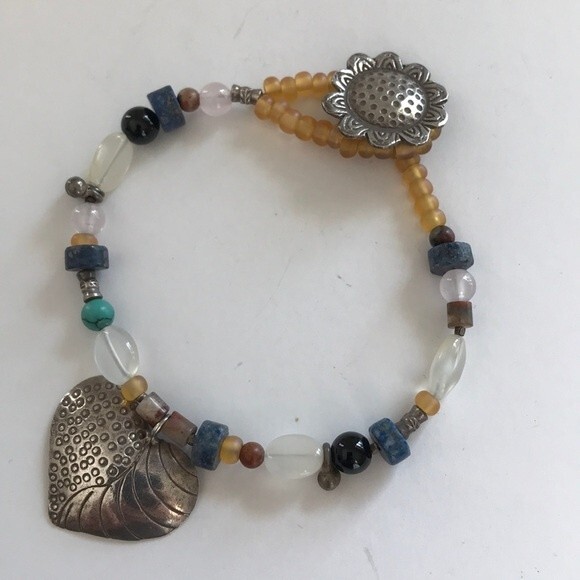 Vintage Handmade Sterling Silver Sunflower Heart Gemstone Bracelet Approx 8 in - Picture 5 of 8